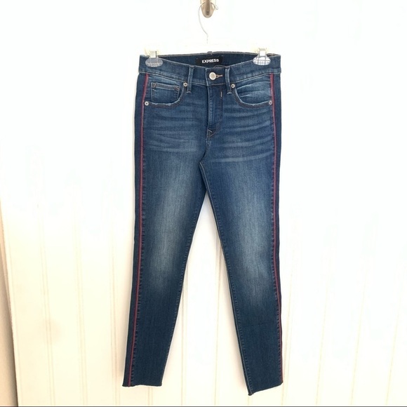 Express Ankle Legging Mid Rise Red Stripe Raw Hem - Picture 3 of 10